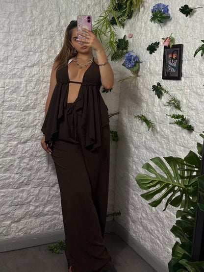 Completo top con volant e pantalone lungo in simil lino
