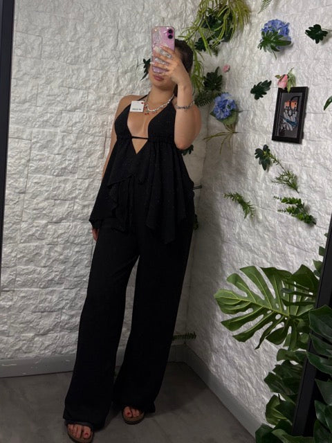 Completo top con volant e pantalone lungo in simil lino