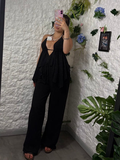 Completo top con volant e pantalone lungo in simil lino