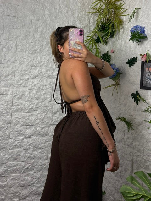 Completo top con volant e pantalone lungo in simil lino