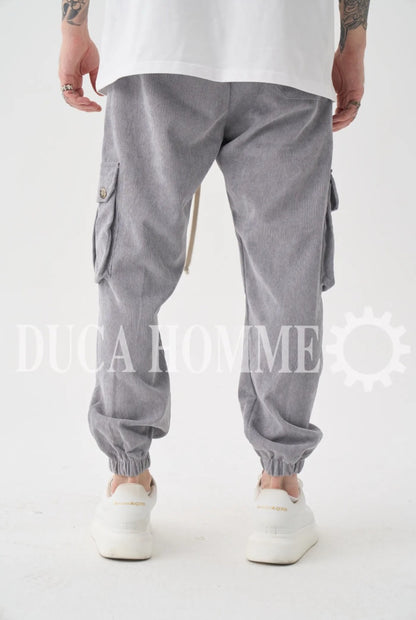 Pantalone cargo grigio a millerighe in tessuto leggero
