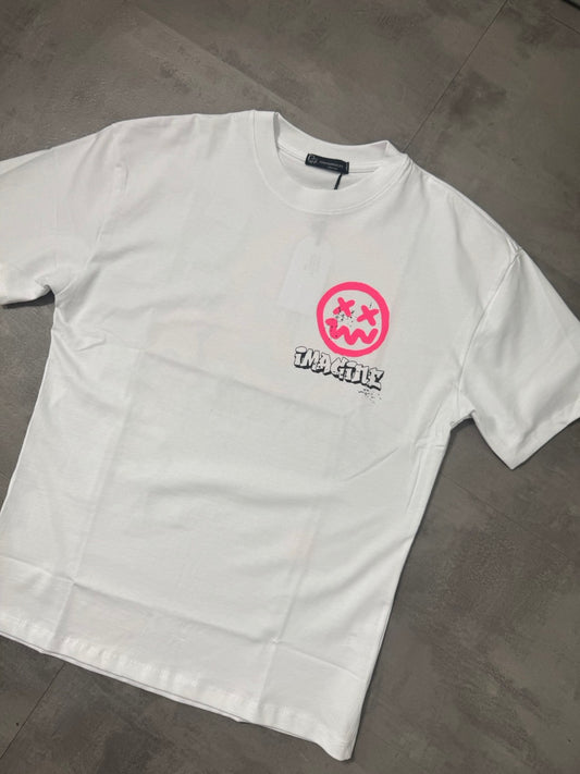 T-shirt bianca con mezzo collo alto e stampa con smile fucsia