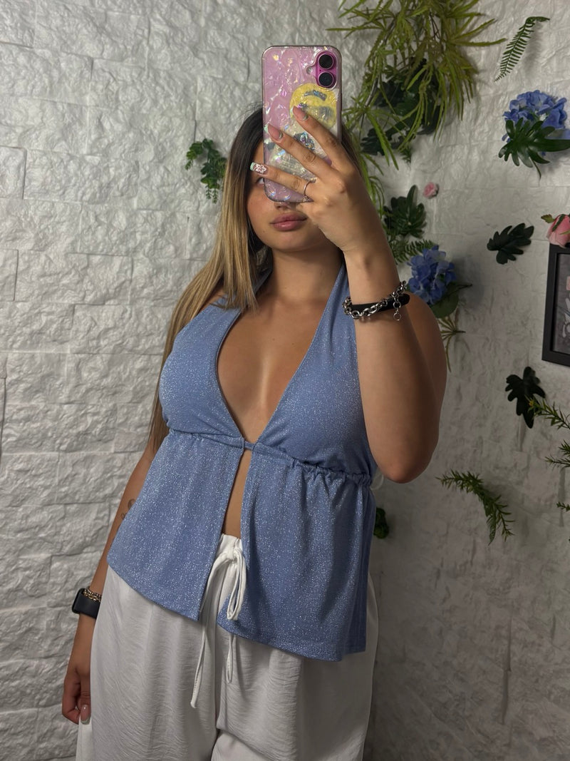 Top in lurex con scollo profondo e schiena scoperta