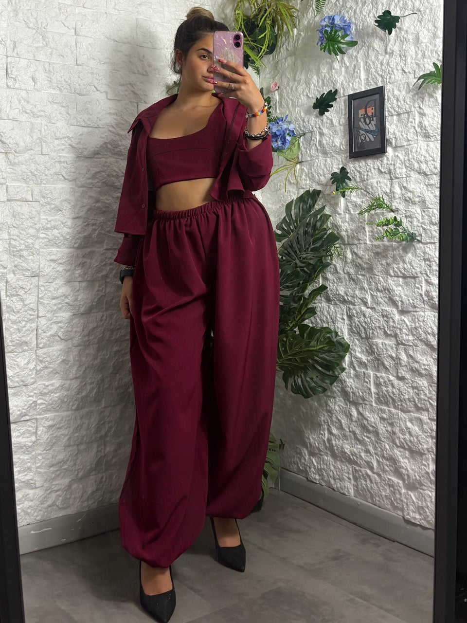 Set 3 pezzi con top camicetta cropped e pantaloni balloon