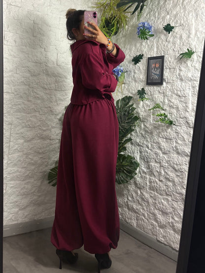 Set 3 pezzi con top camicetta cropped e pantaloni balloon