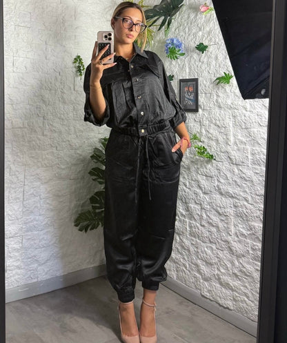 Completo in simil raso con camicia e pantaloni balloon