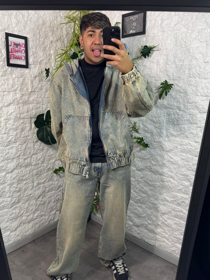Completo in denim sabbiato con giacca e jeans baggy - OVERSIZE