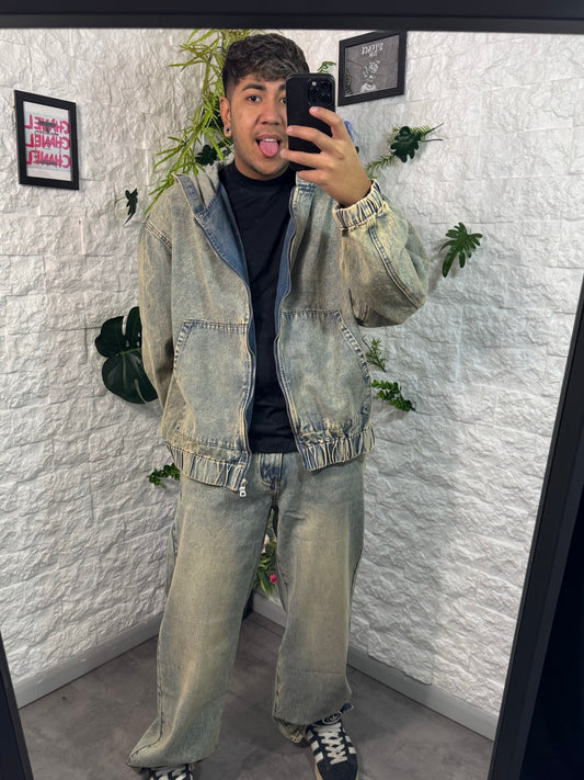 Completo in denim sabbiato con giacca e jeans baggy - OVERSIZE
