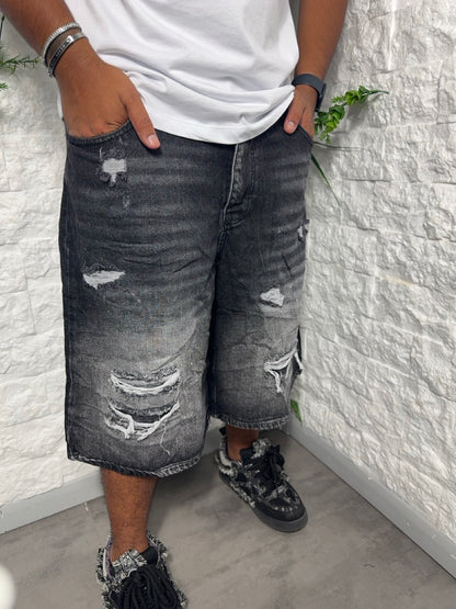 Bermuda jort grigio in denim super baggy con strappi