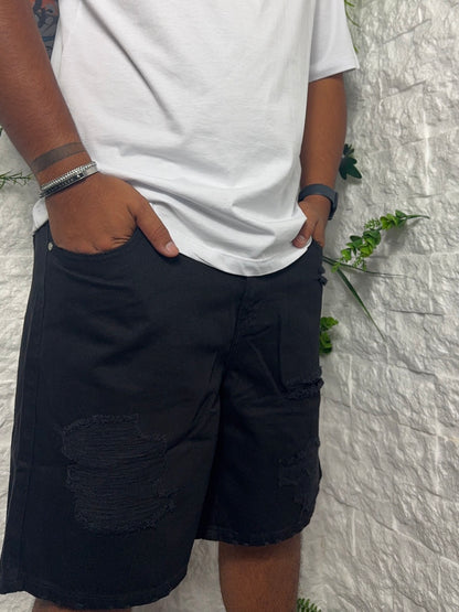 Jeans bermuda nero regular fit con strappi