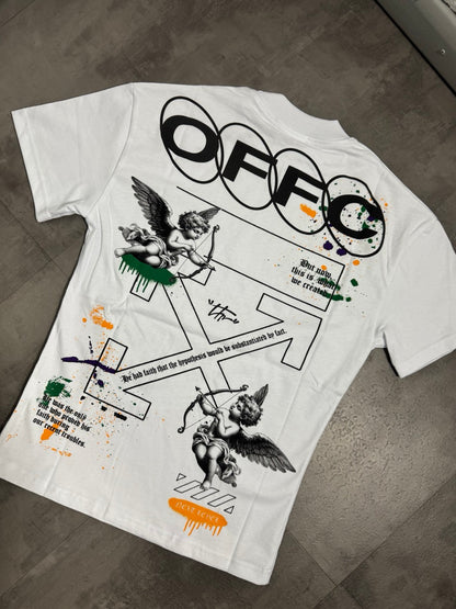 T-shirt bianca con mezzo collo alto scritta "OFFC" e stampa angelo 10-16 anni