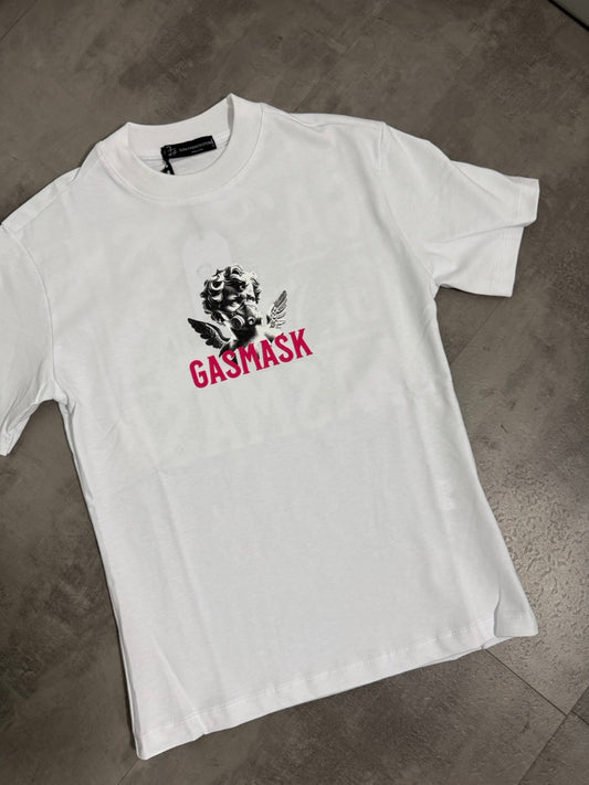 T-shirt bianca con mezzo collo alto e scritta "GASMASK" stampa angelo 10-16 anni