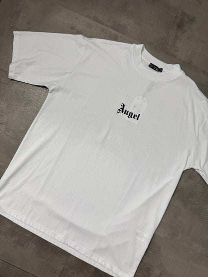 T-shirt bianca con stampa ali e scritta "ANGEL" - OVERSIZE