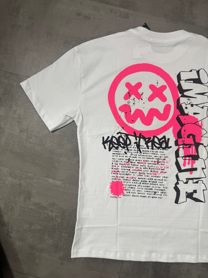 T-shirt bianca con mezzo collo alto e stampa smile fucsia - OVERSIZE