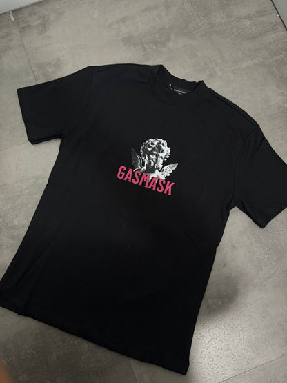 T-shirt nera in tinta unita con scritta "GASMASK" e stampa angelo 10-16 anni