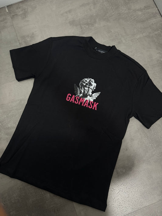 T-shirt nera in tinta unita con scritta "GASMASK" e stampa angelo 10-16 anni
