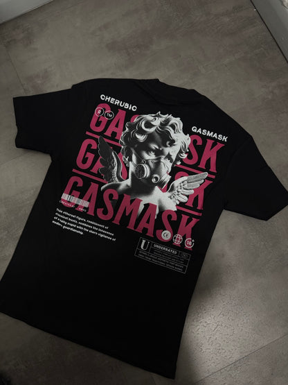 T-shirt nera in tinta unita con scritta "GASMASK" e stampa angelo 10-16 anni