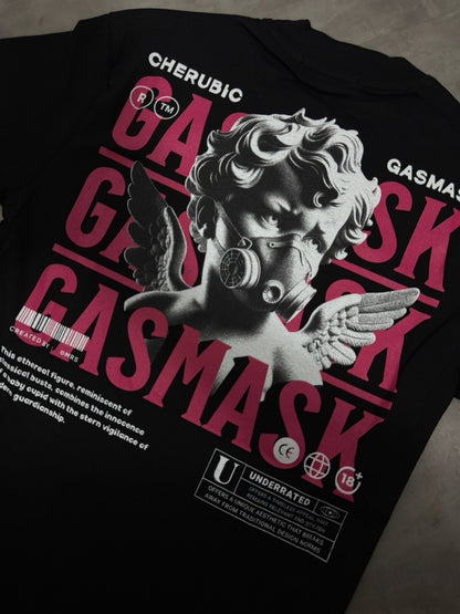 T-shirt nera in tinta unita con scritta "GASMASK" e stampa angelo 10-16 anni
