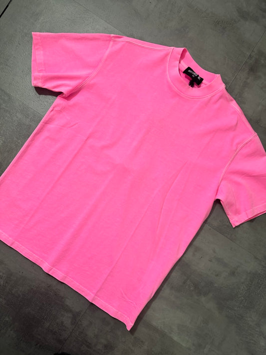 T-shirt rosa fluo in tinta unita con mezzo collo alto - OVERSIZE 10-16 anni