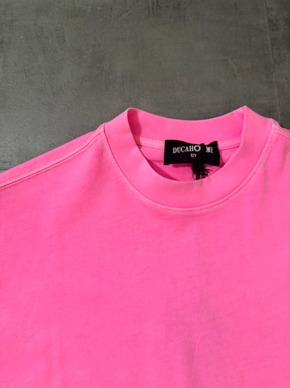 T-shirt rosa fluo in tinta unita con mezzo collo alto - OVERSIZE 10-16 anni