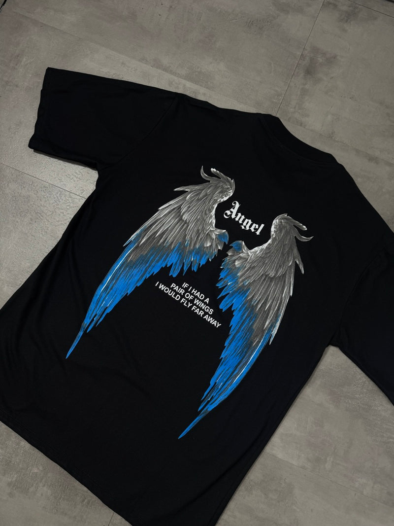 T-shirt nera con stampa di ali blu e scritta "ANGEL" - OVERSIZE 10-16 anni