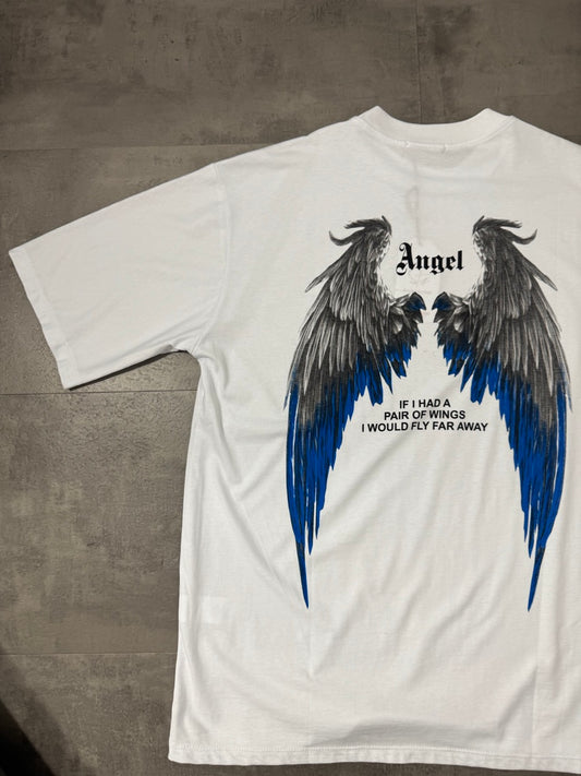 T-shirt bianca con stampa di ali blu e scritta "ANGEL" - OVERSIZE 10-16 anni