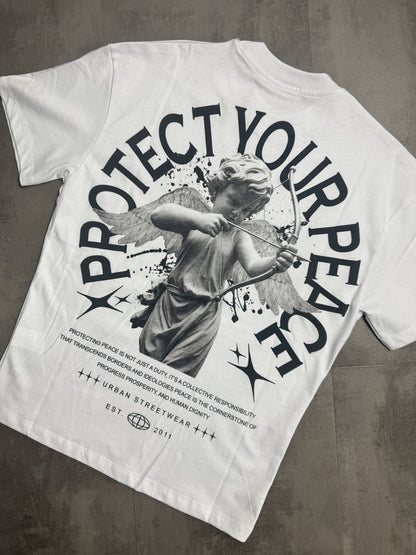 T-shirt bianca con stampa "PROTECT YOUR PEACE" e angelo - OVERSIZE 10-16 anni