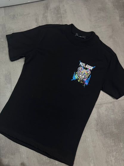 T-shirt nera con stampa orso e scritta "FEEL GOOD" - OVERSIZE 10-16 anni