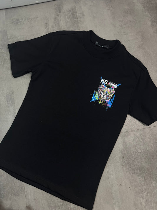 T-shirt nera con stampa orso e scritta "FEEL GOOD" - OVERSIZE 10-16 anni