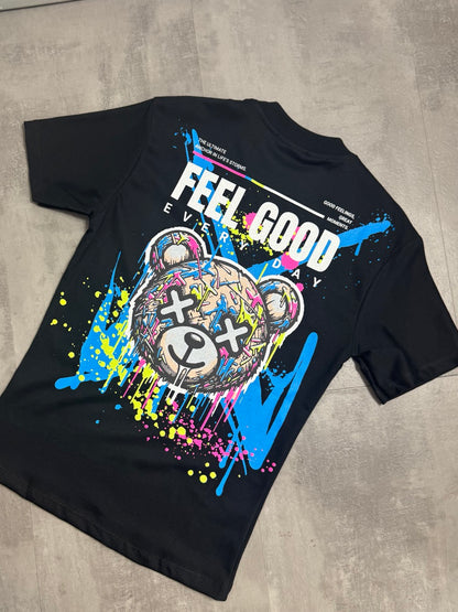T-shirt nera con stampa orso e scritta "FEEL GOOD" - OVERSIZE 10-16 anni