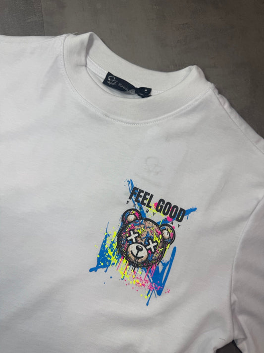T-shirt bianca con stampa orso e scritta "FEEL GOOD" - OVERSIZE 10-16 anni