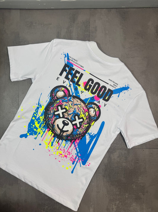 T-shirt bianca con stampa orso e scritta "FEEL GOOD" - OVERSIZE 10-16 anni