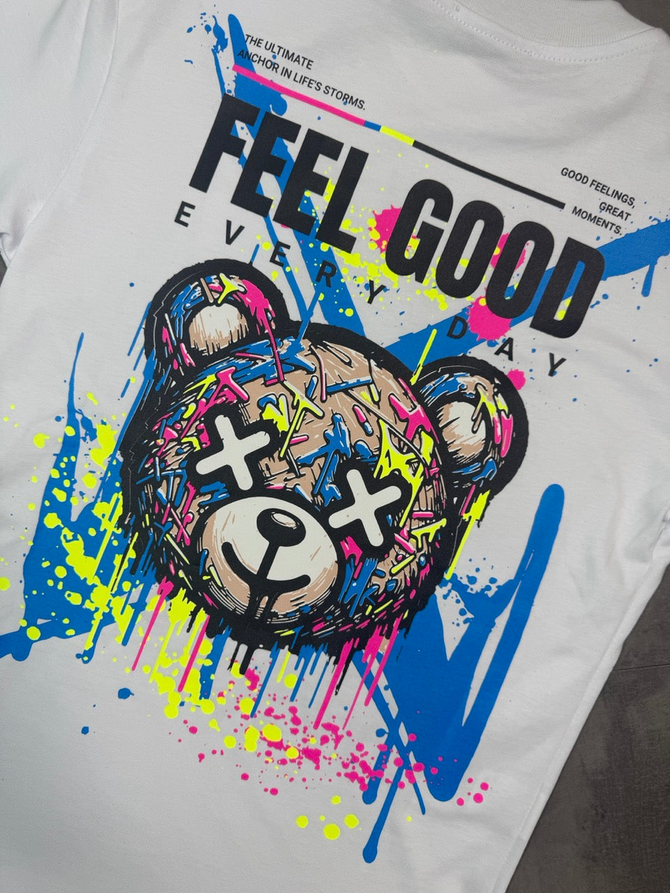 T-shirt bianca con stampa orso e scritta "FEEL GOOD" - OVERSIZE 10-16 anni