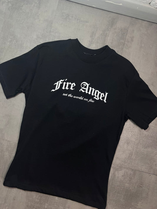 T-shirt nera con stampa ali e scritta "FIRE ANGEL" - OVERSIZE 10-16 anni