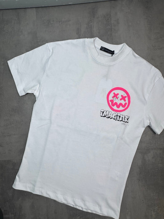 T-shirt bianca con mezzo collo alto e stampa smile fucsia - OVERSIZE 10-16 anni