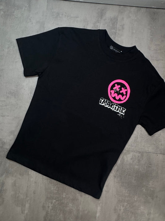 T-shirt bianca con mezzo collo alto e stampa smile fucsia - OVERSIZE 10-16 anni