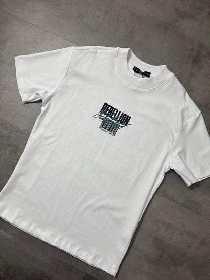 T-shirt bianca con stampa "REBELLION" e grafica urban - OVERSIZE 10-16 anni