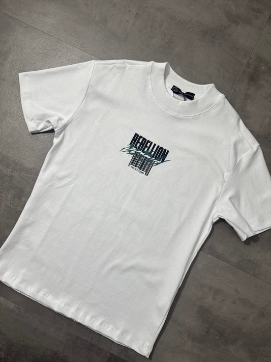 T-shirt bianca con stampa "REBELLION" e grafica urban - OVERSIZE 10-16 anni
