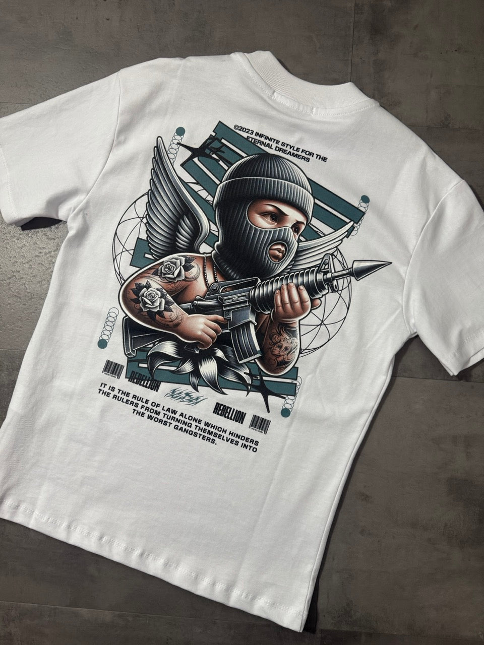 T-shirt bianca con stampa "REBELLION" e grafica urban - OVERSIZE 10-16 anni