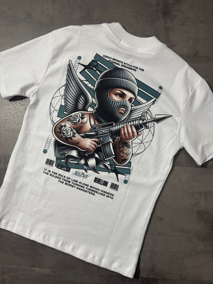 T-shirt bianca con stampa "REBELLION" e grafica urban - OVERSIZE 10-16 anni