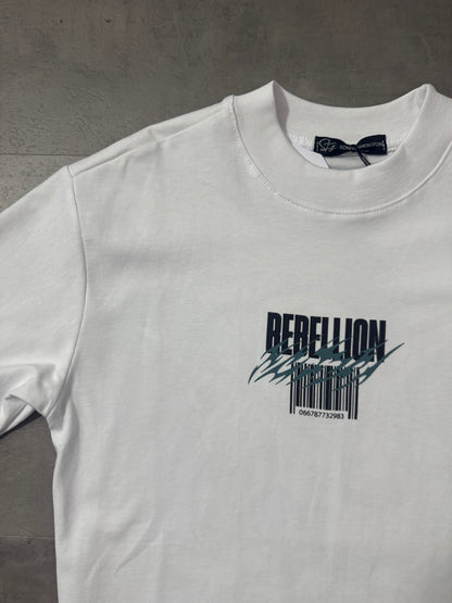 T-shirt bianca con stampa "REBELLION" e grafica urban - OVERSIZE 10-16 anni