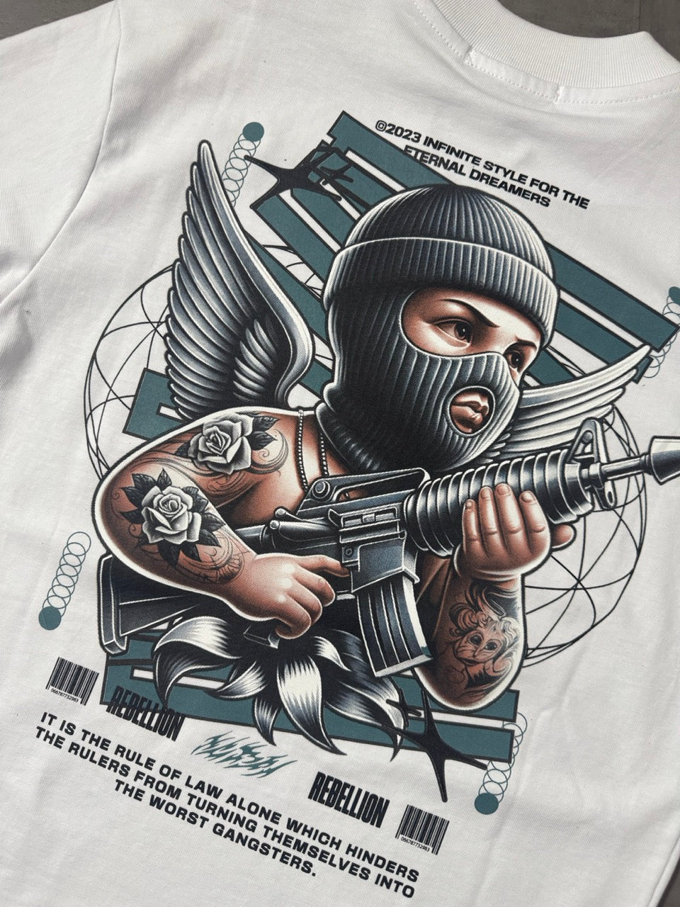 T-shirt bianca con stampa "REBELLION" e grafica urban - OVERSIZE 10-16 anni