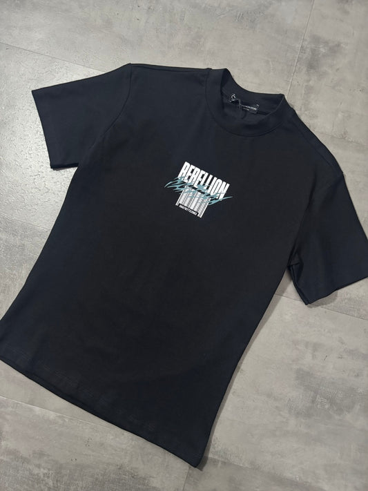 T-shirt nera con stampa "REBELLION" e grafica urban - OVERSIZE 10-16 anni
