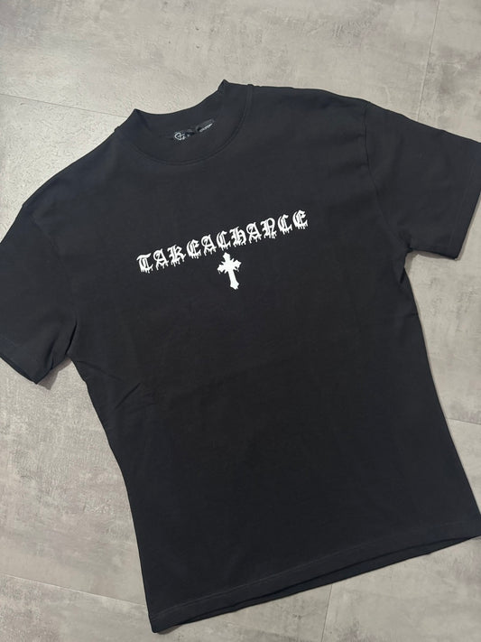 T-shirt nera con stampa "TAKE A CHANCE" e croce - OVERSIZE 10-16 anni