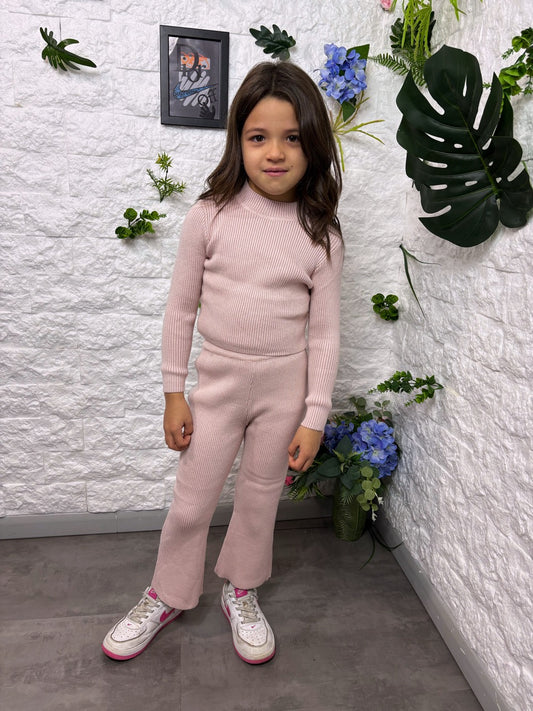 Completo rosa in maglia a costine 4-14 anni