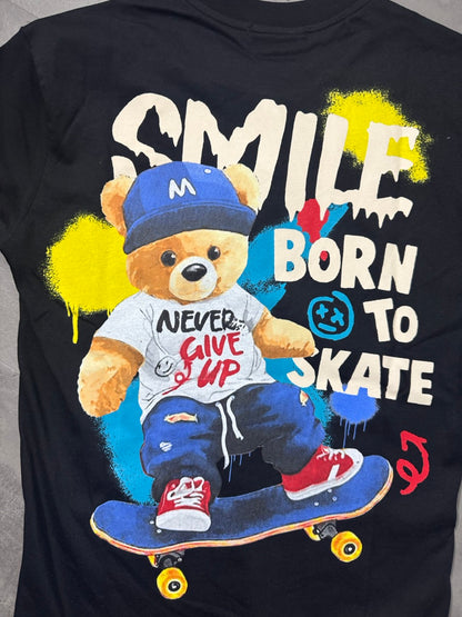 T-shirt nera con stampa orso su skateboard multicolor - OVERSIZE 10-16 anni