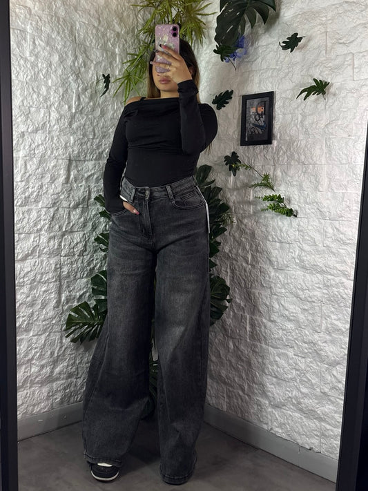 Jeans baggy wide leg grigio scuro in denim