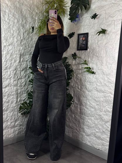 Jeans baggy wide leg grigio scuro in denim