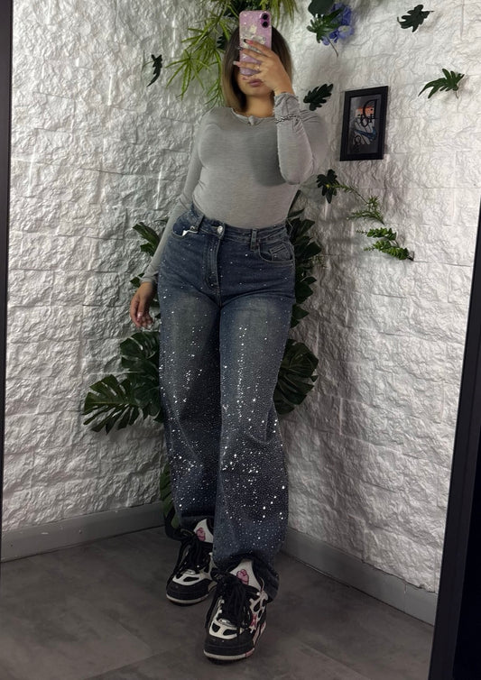 Jeans balloon blu scuro in denim con strass brillantinati