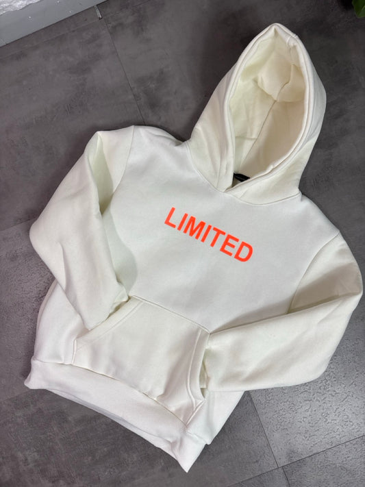 Felpa bianca con cappuccio e stampa "LIMITED" fluo - FELPATO 10-16 anni